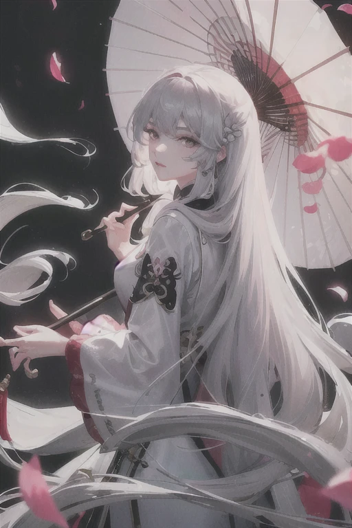 8k, masterpiece, highest quality, night, full moon, 1 girl, Chinese style, Chinese architecture, Mature Woman, younger sister, silver white Long Haired woman, Long Hair, Light pink lips, Calm, Reasonable, bangs, Gray pupils, Assassin, umbrella, umbrella, turn around, return, turn return, Petals fluttering, Delicate face,