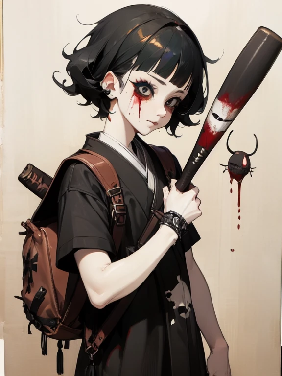 ((18-year-old punk girl,Unusual punk hair:1.3)),((Red and black punk fashion:1.5)),(Stuffed cow:1.5)Studded clothing、((He is holding a bloody baseball bat in his right hand..:1.5))、((Black backpack on the back))、(Light black and blue hair:1.5),Wacky makeup、whole body, (masterpiece), (High resolution), (Very delicate), scribble, nightmare, doll-like face, Manga style, rough sketch, Horror elements, Manga styleイラスト, Japanese painting, phantom, (Spooky), Japan sculpture, crazy illustration, antique, Dark atmosphere, Flat Illustration,Spookyな外観, Distinctive messy hairstyle, creative accessories, Unique atmosphere