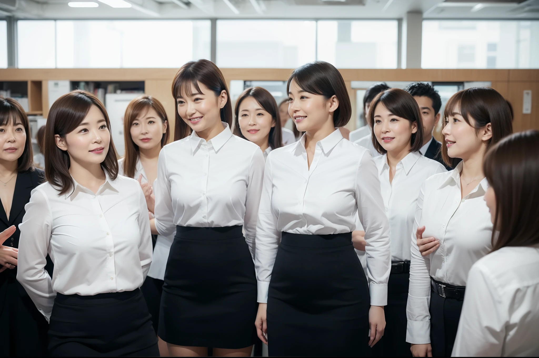 ((highest quality, 8k, Representative works in detail, Ultra-high resolution)), (Group photo of women), (Looking at the audience), (Mid Shot:), Five attractive businesswomen、Women only 5 people, A little chubby:0.25, White collared shirt, Grey Skirt, (officeの机にあぐらをかいて座っている)), smile, 高層officeの中;office,