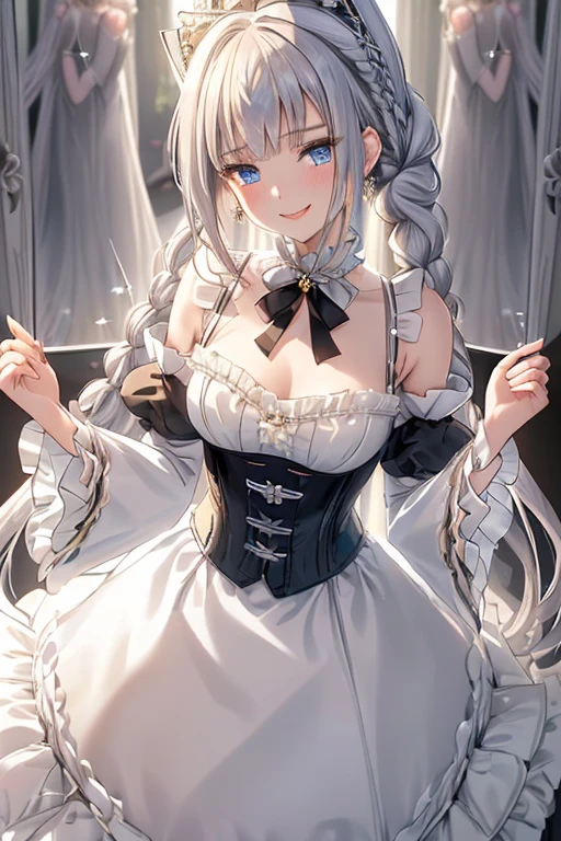 ((masterpiece 1.8)),ultra-detailed, 8K, High resolution, best quality, (stunning cg), ((1girl)), ((solo)), from front, looking at viewer, close up, ((very beautiful and cute girl)), ((16years old graceful girl)), (silver hair), (super long hair), ((fine detailed blue eyes)),
((small bast)), ((bangs:1.2)), ((french braid:1.2)), ((slender:1.8)), jewelry, earrings, parted lips, corset dress, high collar, bow, ((frilled sleeves:1.4)), ((tired layers skirt)), cascade ruffles, lots of ruffles, lace ruffles, (graceful smile:1.8), (goddess-like happiness:1.6), (best shadow:1.3),
(soft shadow:1.1),
(beautiful shadow:1.3),
(beautiful reflection:1.3),
(Prismatic light),
(sparkling light),
(beautiful light),
(fantastical light),
(prismatic reflection),
(soft reflection:1.3),
(natural reflection:1.2),
(blurry tone),
(sense of depth:1.5),