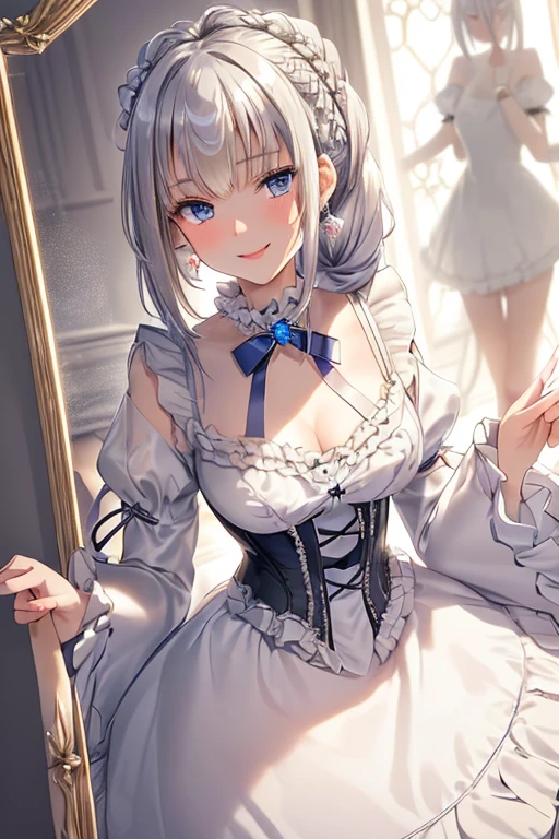 ((masterpiece 1.8)),ultra-detailed, 8K, High resolution, best quality, (stunning cg), ((1girl)), ((solo)), from front, looking at viewer, close up, ((very beautiful and cute girl)), ((16years old graceful girl)), (silver hair), (super long hair), ((fine detailed blue eyes)),
((small bast)), ((bangs:1.2)), ((french braid:1.2)), ((slender:1.8)), jewelry, earrings, parted lips, corset dress, high collar, bow, ((frilled sleeves:1.4)), ((tired layers skirt)), cascade ruffles, lots of ruffles, lace ruffles, (graceful smile:1.8), (goddess-like happiness:1.6), (best shadow:1.3),
(soft shadow:1.1),
(beautiful shadow:1.3),
(beautiful reflection:1.3),
(Prismatic light),
(sparkling light),
(beautiful light),
(fantastical light),
(prismatic reflection),
(soft reflection:1.3),
(natural reflection:1.2),
(blurry tone),
(sense of depth:1.5),