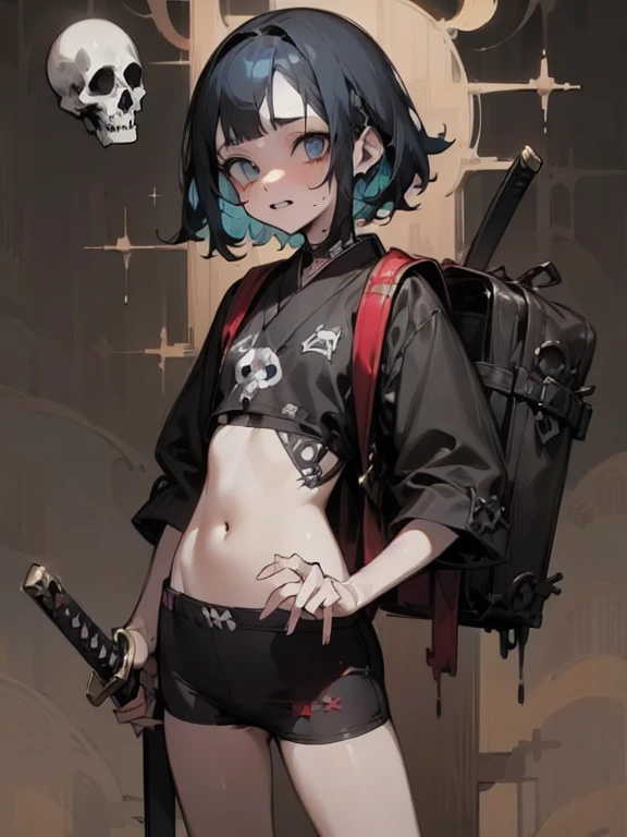 ((18-year-old punk girl,Unusual punk hair:1.3)),((Blue and white British punk fashion:1.5)),(Light black and blue hair:1.5、Long Bangs:1.5、short hair)Studded clothing、((Holding a sword in his right hand:1.5))、((Small backpack on the back))、（Narrow and small eyes）,Wacky makeup、Breast augmentation, (masterpiece), (High resolution), (Very delicate), nightmare, doll-like face, Manga style, Horror elements, Manga styleイラスト, Japanese painting, phantom, (Spooky), Japan sculpture, crazy illustration, antique, Dark atmosphere, Flat Illustration,Spookyな外観, Unique atmosphere
