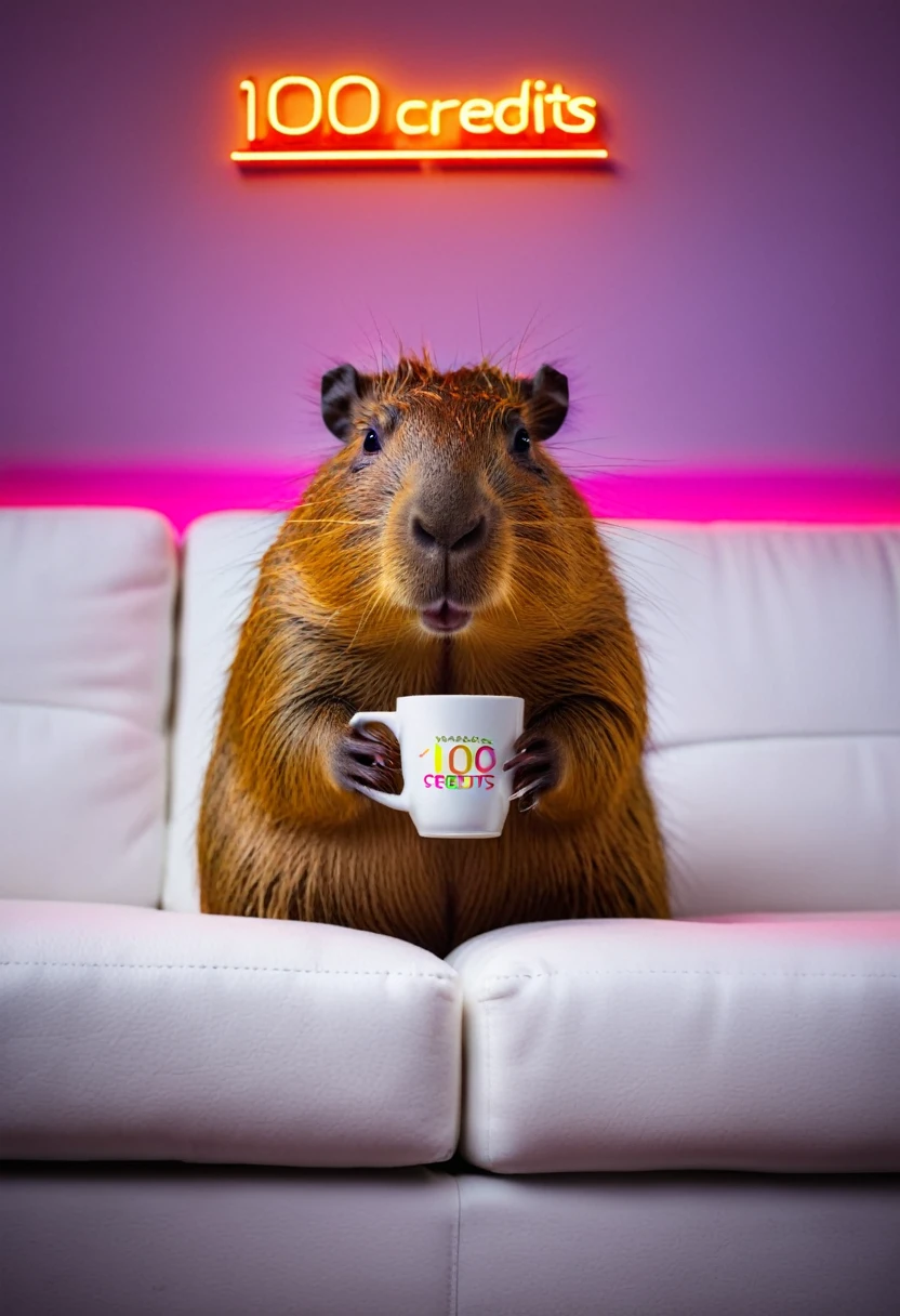 a sad capybara holding cup of coffee sitting on white sofa, there is a text "100 CREDITS" in background, neon background, colorful, (depth of field), masterpiece, best quality, amazing quality, very aesthetic, absurdres, intricate details, ultra-detailed, photoreal