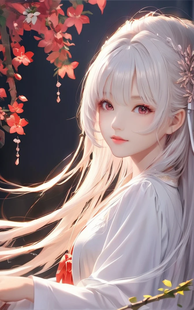 masterpiece, Highest quality 1girl, Long Hair, View your viewers, hair ornaments, Gray Hair, branch, flower, alone, hair flower, blush, Upper Body, Long sleeve, lips, bangs, red lips, Mouth closed, From the side