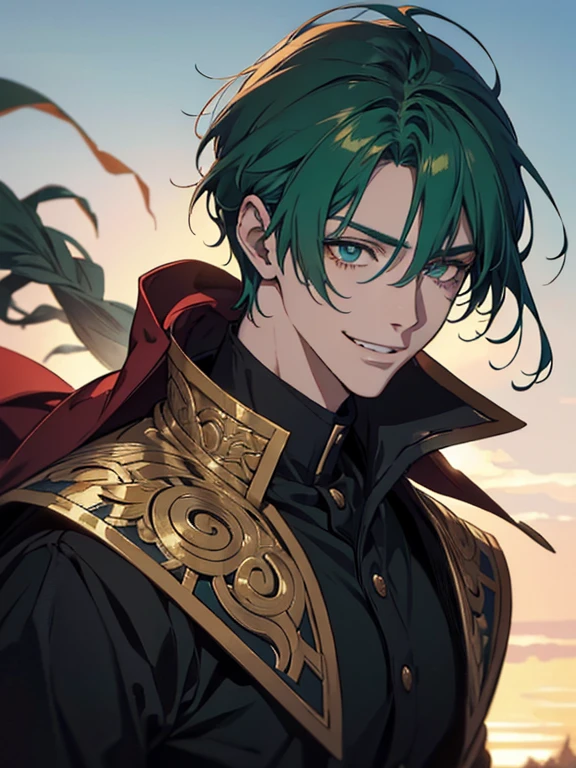 um close de uma pessoa com uma jaqueta verde sorrindo, retrato de alta qualidade, fantasy art smile smug man, Retrato de anime de um homem bonito, obras de arte no estilo de guweiz, estilo ross tran, retrato detalhado do personagem, handsome guy in demon slayer art, retrato de lofi, anime homem bonito, retrato de personagem de anime, sorriso encantador e malicioso, arte de fundo