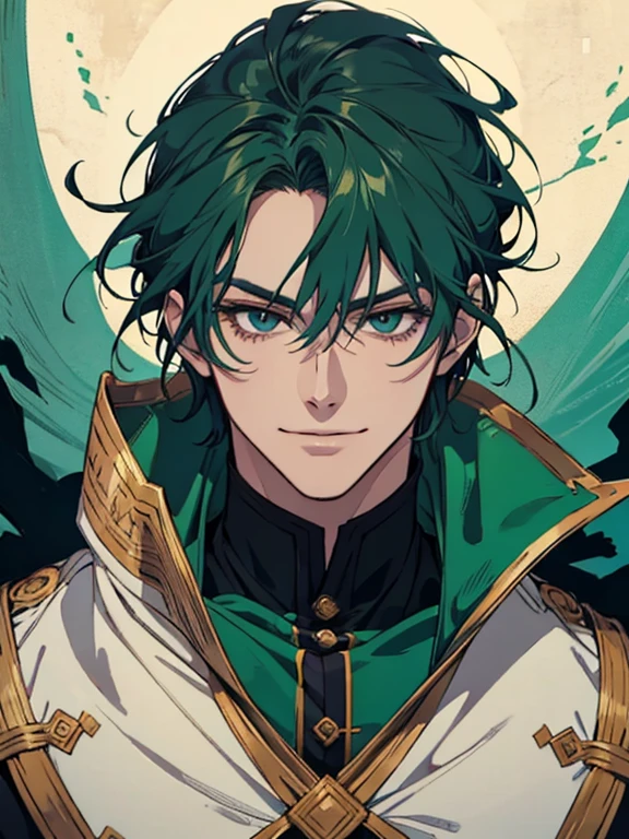 um close de uma pessoa com uma jaqueta verde sorrindo, retrato de alta qualidade, fantasy art smile smug man, Retrato de anime de um homem bonito, obras de arte no estilo de guweiz, estilo ross tran, retrato detalhado do personagem, handsome guy in demon slayer art, retrato de lofi, anime homem bonito, retrato de personagem de anime, sorriso encantador e malicioso, arte de fundo