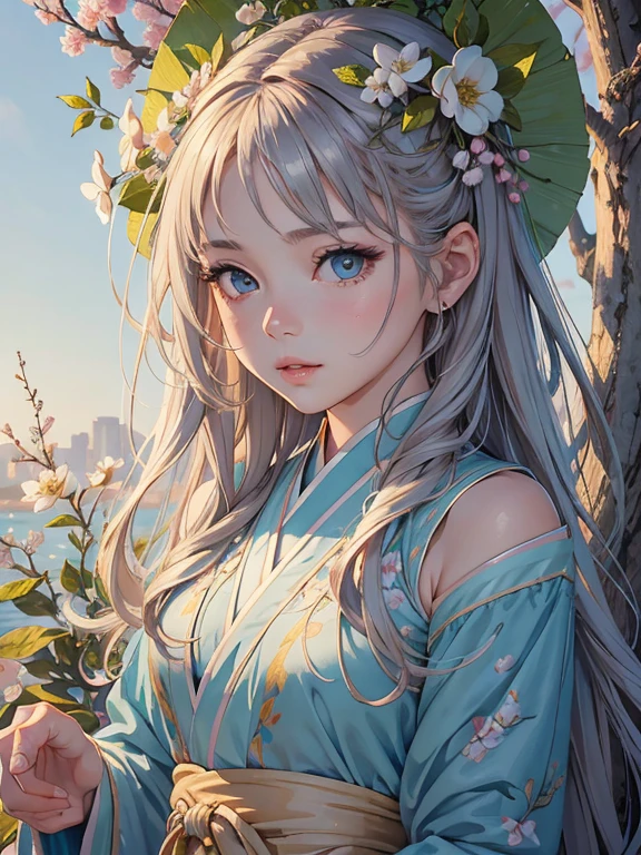 Best image quality, highest quality, unlimited details, 8k resolution, Delicate and beautiful girl, goddess, Fairies Dance, Beautiful Eyes, Attractive eyes, Moisturized lips, Light blue long hair, Melon seed face, Detailed Face, Detailed depiction, Detailed facial features, Masterpiece, Full of details, Detailed background, Detailed characters, 詳細に描かれたhair, 詳細に描かれたhair, Detailed body, Hand drawn in detail, Detailed clothing, Detailed Face, Perfect Face, hair, Realistic, Complex Hanfu, Full body portrait, Peach tree background, Body in the street, people々comes and goes