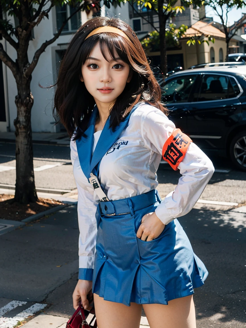 (1 lady), (Best quality at best:1.4), (ultra - detailed), (extremely detailed CG unified 16k), A Beautiful Woman with Perfect Figure: 1.4, Sharp Focus: 1.2, very detailed, High-definition RAW color photo, professional photoshooting, amazing face and eyes, cosmetics, (amazingly beautiful girl), ((suzumiya haruhi)), ((kita high sch0ol uniform, blue sailor collar, blue skirt, armband, hairband, medium hair, ribbon, socks)), standing posture, (look from down), realistic cinematic face, head to feet long wide zoomed out view, full body long view, photorealistic, ((realistic natural caramel brown hair style, brown eyes)), gorgeous, extremely beautiful face, perfect model beauty, pout mouth, Highly Detailed Face and Skin Texture, Detailed Eyes, Double Eyelids, Medium Breasts, joy expression, joyful face, cleavages, western, (masterpiece), best quality, high resolution, extremely detailed, depth of field, cinematic lighting, amazing legs, high heels, clear and well-cared skin, (background: nature, tree, park)