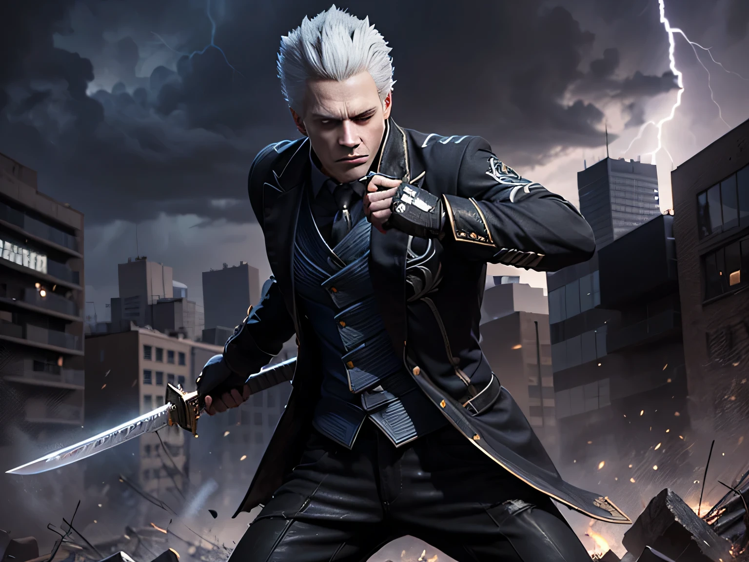 Character:
Vergil from Devil May Cry 5 is shown in an intense, dynamic close-up. He possesses striking features that demand attention:

Vergil's short, pure white hair at the back is perfectly groomed, adding to his aura of precision.
His piercing black eyes are focused and determined, drawing viewers into his intense gaze.
He dons a tailored, fitted black suit that accentuates his powerful physique, emphasizing clean lines and sharp edges.
Clad in a crisp, white dress shirt underneath, the contrast between the white shirt and black suit showcases his elegant yet imposing presence.
His black dress shoes complete the ensemble, adding a touch of sophistication.
In his hands, Vergil wields a katana with a polished silver blade that gleams with a razor-sharp edge. The Japanese-style handguard adds an exotic and deadly touch.
The overall look exudes an air of sophistication and danger, with every detail meticulously crafted to perfection.
Environment:
The scene is set in the midst of an electrifying thunderstorm, placing Vergil at the center of the chaos:

The intense thunderstorm background features forked lightning bolts that illuminate the scene with vibrant flashes of light.
Electrical sparks crackle and dance in the background, adding an element of unpredictability and danger to the atmosphere.
The wind-blown debris swirling around Vergil adds to the dynamic energy of the scene, creating a sense of movement and urgency.
The high-quality texture of the environment adds depth and realism to the overall composition.
Motion blur enhances the sense of action, making Vergil appear as if he's in the midst of a battle.
Particle effects, such as raindrops and swirling wind, further immerse the viewer in the stormy setting.
The use of HDR (High Dynamic Range) and UHD (Ultra High Definition) ensures that every detail is captured in stunning clarity, making the scene truly come to life.