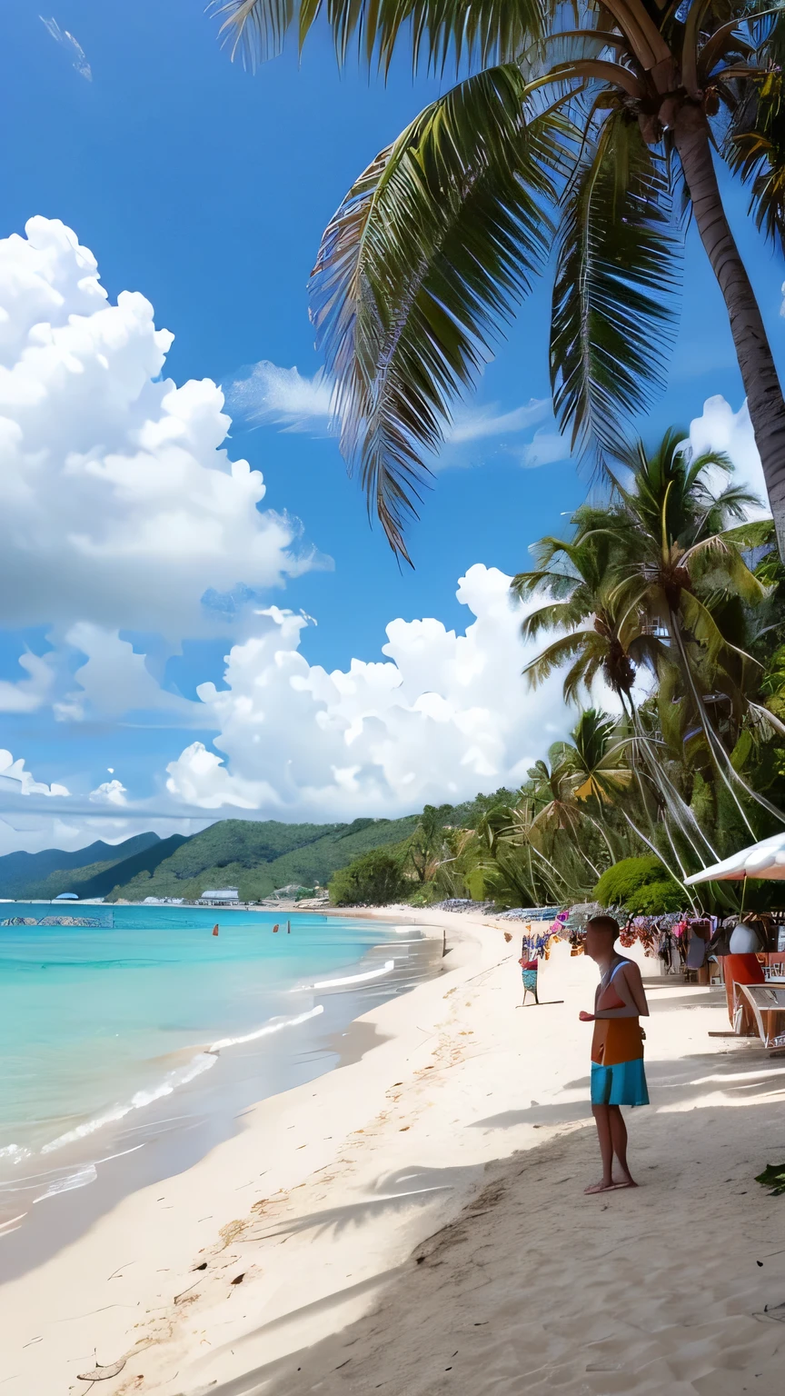 blue sea of the equator, a small mountain far away, Lush palm trees, many people on the beach, boracay white beach