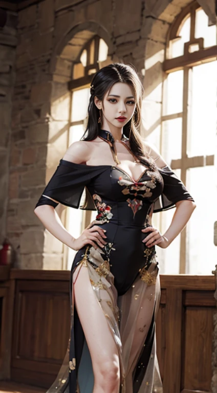 （from outside） ， many colors，best quality，masterpiece，realistic photos，Intricate details，RAW photos，court，Gorgeous cheongsam，Extra-long hair，Off-shoulder，Delicate face，露出Cleavage，(Huge sagging breasts、Cleavage,))，cleveage、, Thick thighs,decorate，Perfect fingers，anatomically correct，(The room is very big，0.8)，Shiny skin，Hands on hips