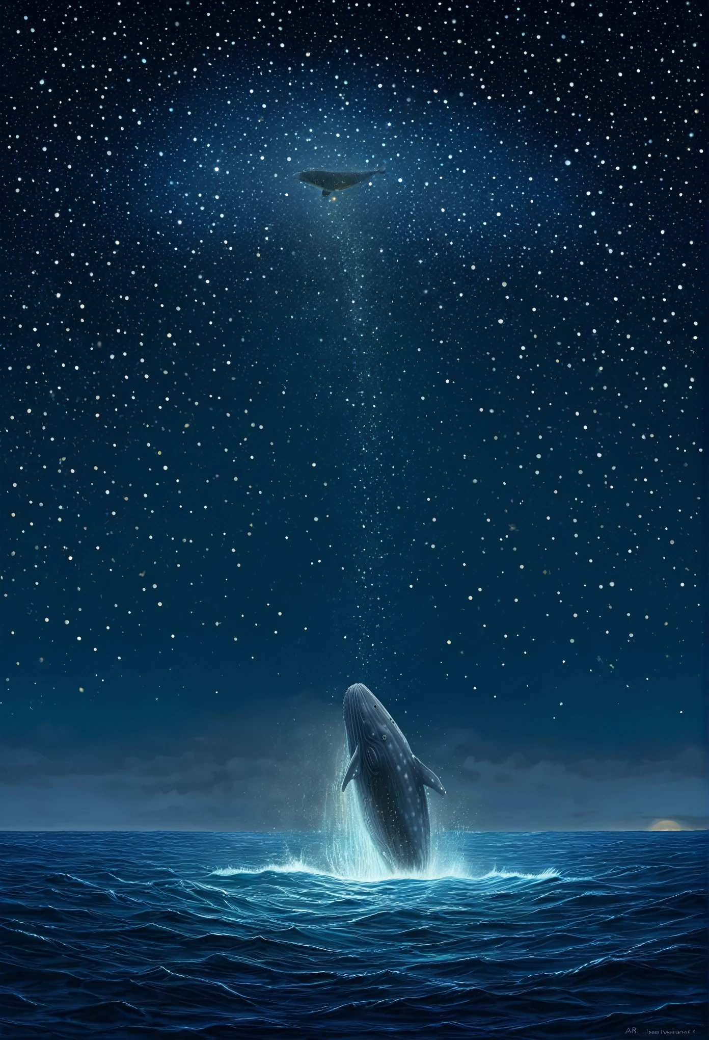 A huge gray whale jumps out of the starry sea, Magnetic storms, night, starry sky sea, huge gray whale in the starry sky, Jean-Baptiste Monge, anthropomorphic --ar 2:3 --testp - optimistic;
