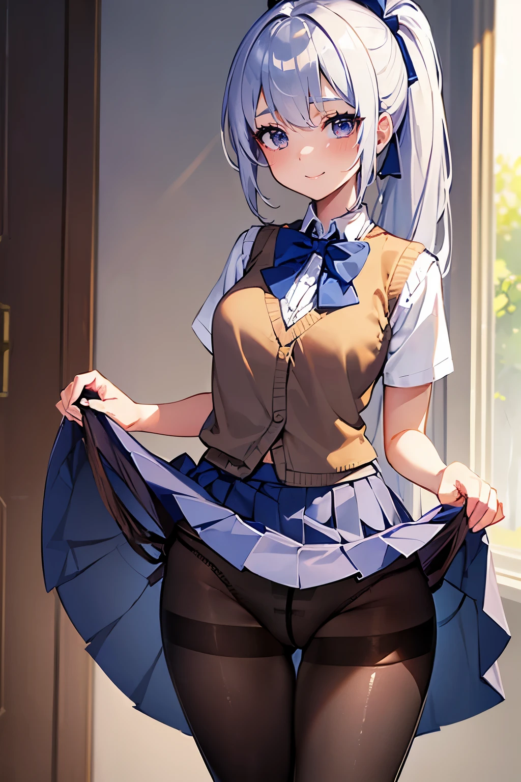 masterpiece、highest quality、1 girl、high school girl、18-year-old、Perfect Face、Shiny skin、Random Uniform、(ponytail)、Big eyes、tall)、Beautiful Hair、Beautiful Eyes、Perfect proportions、Beautiful thighs、Beautiful legs、Beautiful fingers、((High-quality fabric、brown knit vest、Short sleeve white collar shirt、Navy Pleated Skirt、A bow tie))、After school in the classroom、(smile)、(((((Skirt Lift、Panties and pantyhose are visible)))))