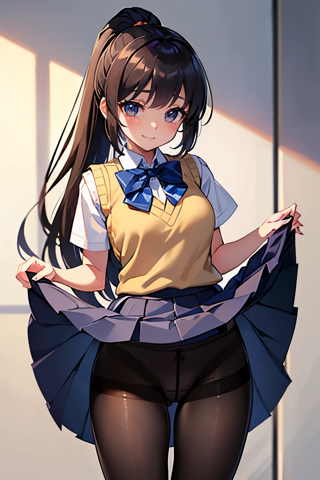 masterpiece、highest quality、1 girl、high school girl、18-year-old、Perfect Face、Shiny skin、Random Uniform、(ponytail)、Big eyes、tall)、Beautiful Hair、Beautiful Eyes、Perfect proportions、Beautiful thighs、Beautiful legs、Beautiful fingers、((High-quality fabric、brown knit vest、Short sleeve white collar shirt、Navy Pleated Skirt、A bow tie))、After school in the classroom、(smile)、(((((Skirt Lift、Panties and pantyhose are visible)))))