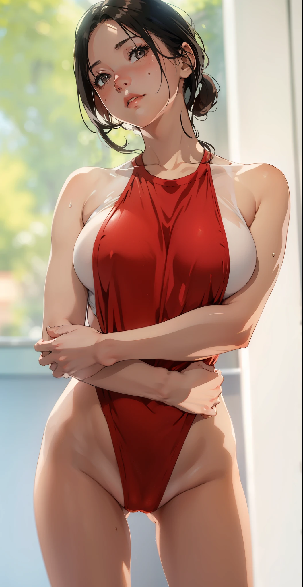 girl, sweat, medium breast, shy, detailed hand, looking at viewer, lips apart, dynamic shadows, transparent clothes, slight smile