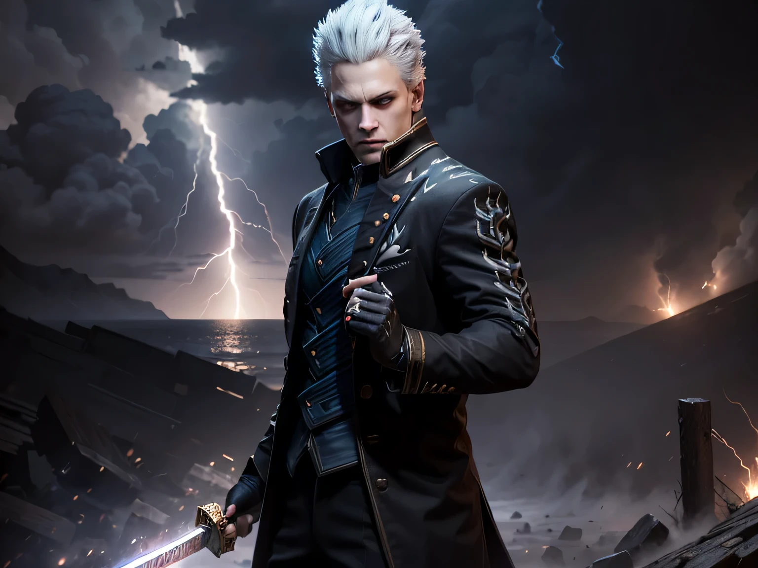 Character:
Vergil from Devil May Cry 5 is shown in an intense, dynamic close-up. He possesses striking features that demand attention:

Vergil's short, pure white hair at the back is perfectly groomed, adding to his aura of precision.
His piercing black eyes are focused and determined, drawing viewers into his intense gaze.
He dons a tailored, fitted black suit that accentuates his powerful physique, emphasizing clean lines and sharp edges.
Clad in a crisp, white dress shirt underneath, the contrast between the white shirt and black suit showcases his elegant yet imposing presence.
His black dress shoes complete the ensemble, adding a touch of sophistication.
In his hands, Vergil wields a katana with a polished silver blade that gleams with a razor-sharp edge. The Japanese-style handguard adds an exotic and deadly touch.
The overall look exudes an air of sophistication and danger, with every detail meticulously crafted to perfection.
Environment:
The scene is set in the midst of an electrifying thunderstorm, placing Vergil at the center of the chaos:

The intense thunderstorm background features forked lightning bolts that illuminate the scene with vibrant flashes of light.
Electrical sparks crackle and dance in the background, adding an element of unpredictability and danger to the atmosphere.
The wind-blown debris swirling around Vergil adds to the dynamic energy of the scene, creating a sense of movement and urgency.
The high-quality texture of the environment adds depth and realism to the overall composition.
Motion blur enhances the sense of action, making Vergil appear as if he's in the midst of a battle.
Particle effects, such as raindrops and swirling wind, further immerse the viewer in the stormy setting.
The use of HDR (High Dynamic Range) and UHD (Ultra High Definition) ensures that every detail is captured in stunning clarity, making the scene truly come to life.