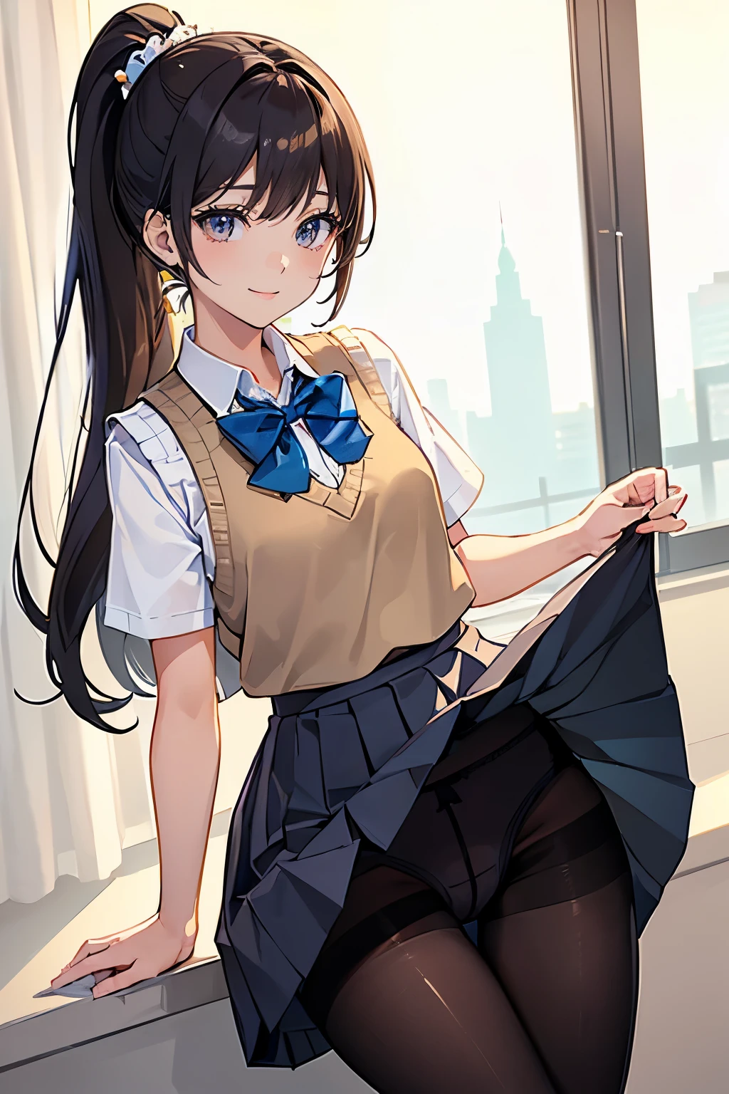 masterpiece、highest quality、1 girl、high school girl、18-year-old、Perfect Face、Shiny skin、Random Uniform、(ponytail)、Big eyes、tall)、Beautiful Hair、Beautiful Eyes、Perfect proportions、Beautiful thighs、Beautiful legs、Beautiful fingers、((High-quality fabric、brown knit vest、Short sleeve white collar shirt、Navy Pleated Skirt、A bow tie))、After school in the classroom、(smile)、(((((Skirt Lift、Panties and pantyhose are visible)))))