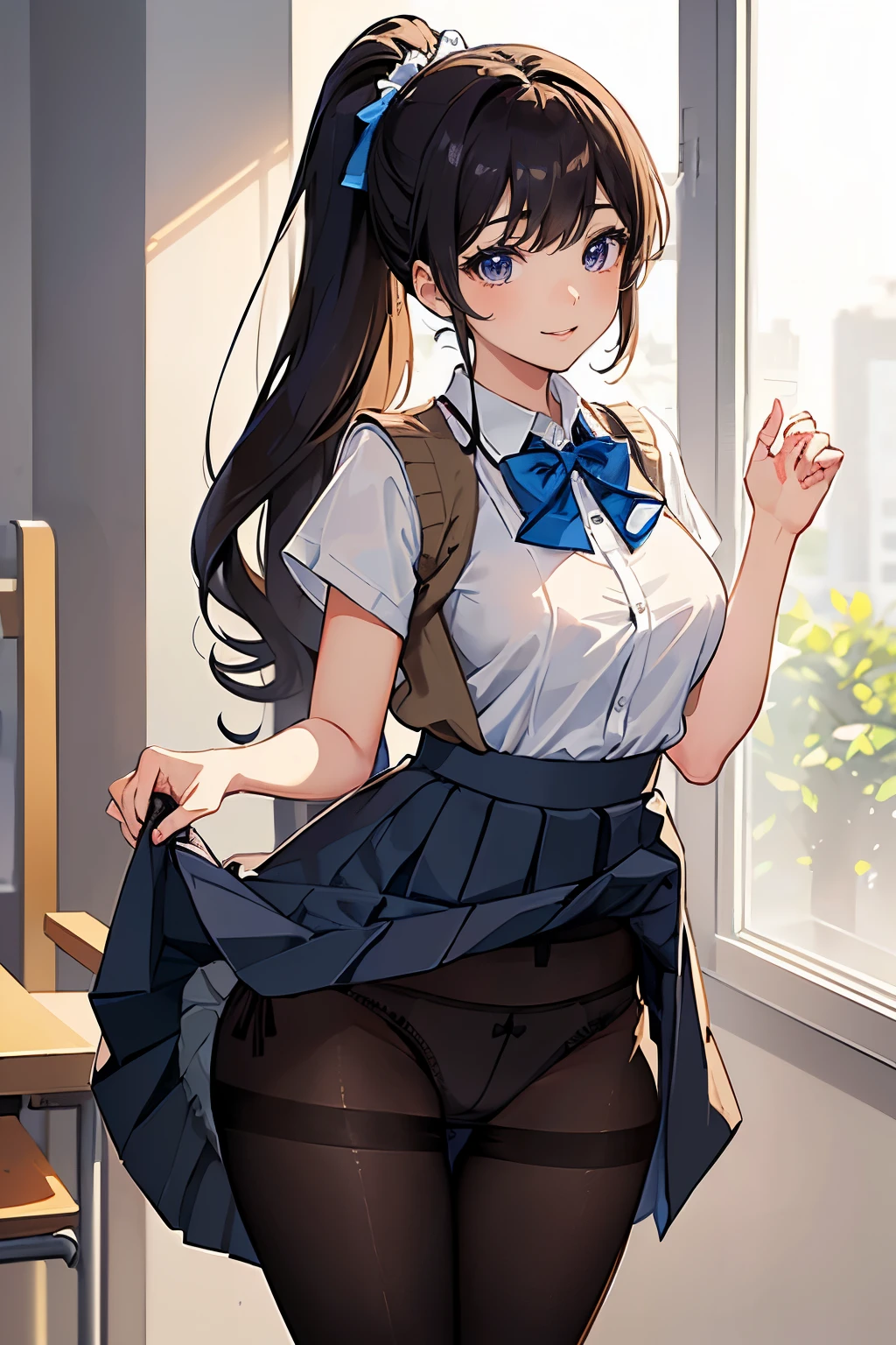 masterpiece、highest quality、1 girl、high school girl、18-year-old、Perfect Face、Shiny skin、Random Uniform、(ponytail)、Big eyes、tall)、Beautiful Hair、Beautiful Eyes、Perfect proportions、Beautiful thighs、Beautiful legs、Beautiful fingers、((High-quality fabric、brown knit vest、Short sleeve white collar shirt、Navy Pleated Skirt、A bow tie))、After school in the classroom、(smile)、(((((Skirt Lift、Panties and pantyhose are visible)))))