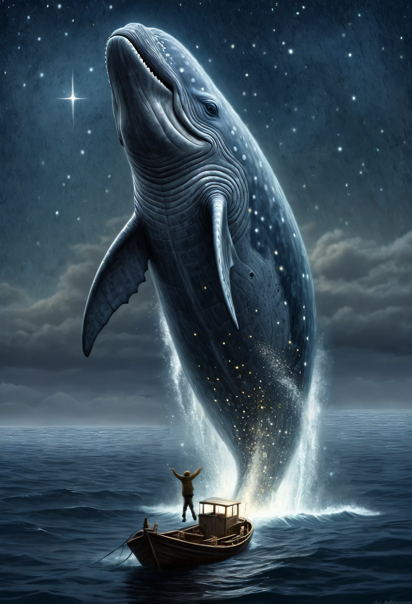 A huge gray whale jumps out of the starry sea, Magnetic storms, night, starry sky sea, huge gray whale in the starry sky, Jean-Baptiste Monge, anthropomorphic --ar 2:3 --testp - optimistic;