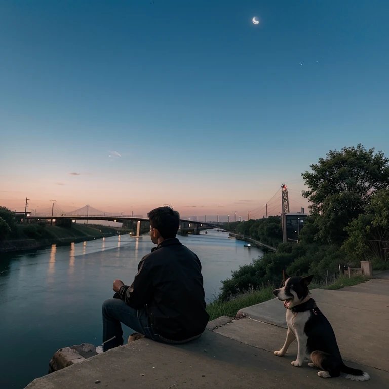 A boy siting near river moon in the sky and a dog