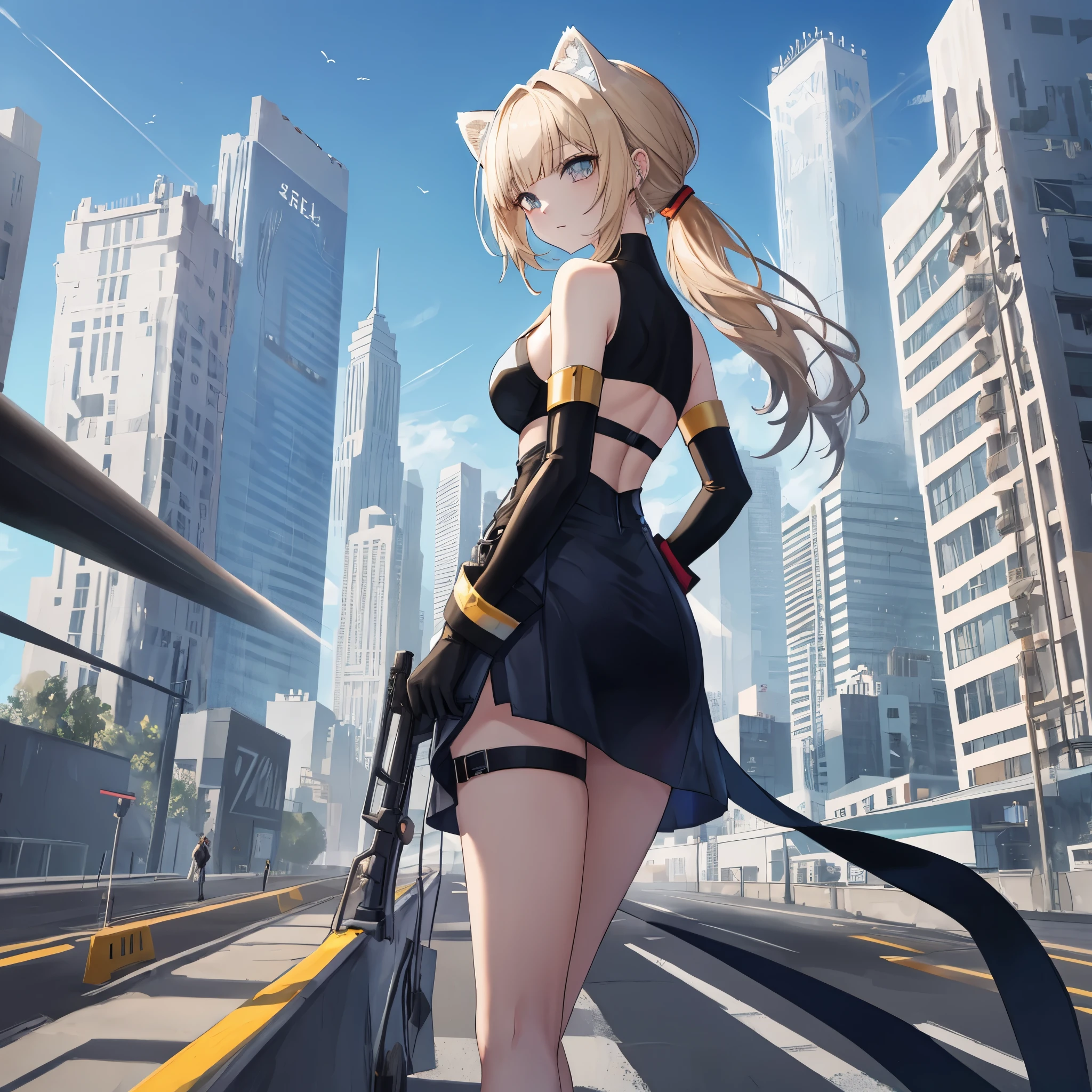 - **Theme**: `#DesertAngel` `#23YearsOld` `#SandCatBeastmanGirl` `#SFWorld` `#CombatZone` `#FuturisticCity` `#CombatScene`
- **Hairstyle**: Combination of `#LongHair` `#Ponytail` `#TwinTail` `#BobCut`
- **Physique**: `#160cm` `#Glamorous` `#FeminineCurves` `#HealthyBalancedBody` `#LongLimbs` `#SlimWaist` `#BountifulChest` `#PerkyButtocks` `#BrightAndFriendly` `#Natural` `#HealthyImpression`
- **Animal Ears and Tail**: `#SandCatEars` `#Tail`
- **Style**: `#HighResolutionOfficialArtwork` `#ArtStation` `#Pixiv` `#HighlyDetailedIntricateFanArtStyle` `#KushartKrentzOriginalArt` `#FeminineStyle` `#FateStyle` `#EnakoStyle` `#NozomiSasakiStyle` `#KannaHashimotoStyle` `#RealAnime2.5DStyle` `#RealAnimeGirlsStyle`
- **Quality Improvement**: `#GoldenRatio1.2` `#DraftingBoard1.3` `#Absurd` `#HighestQuality` `#Real` `#HyperReal` `#UltraDetailedIllustration` `#64K` `#UltraHighResolution` `#LargeFileSize` `#BeautifulMasterpiece` `#HighResolutionFace` `#PerfectLighting` `#Resolution8K` `#UltraHighResolution1.2` `#SelectableHighResolution(HD,4K,8K,16K)` `#ColorBitDepth24bit,48bit`
- **Scene**: `#FuturisticCityAtDusk` `#CenteredIsAGirlInRedAndBlackCombatSuit` `#HerBackHasTheNumber4201AndAmericanFlagPatch` `#ArrangedHairFlutteringInTheWind` `#HerEyesAreFocusedForward` `#HoldingTwoLargeGuns` `#SurroundedByHighRiseBuildings` `#FlyingVehiclesInTheSky` `#SkyGradientFromOrangeToBlue` `#SettingSunCastingLongShadowsOnTheBuildings`