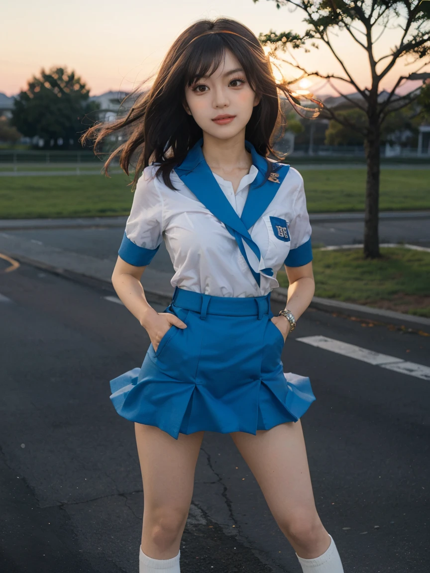 (1 lady), (Best quality at best:1.4), (ultra - detailed), (extremely detailed CG unified 16k), A Beautiful Woman with Perfect Figure: 1.4, Sharp Focus: 1.2, very detailed, High-definition RAW color photo, professional photoshooting, amazing face and eyes, cosmetics, (amazingly beautiful girl), ((suzumiya haruhi)), ((kita high sch0ol uniform, blue sailor collar, blue skirt, armband, hairband, medium hair, ribbon, socks)), standing posture, (look from down), realistic cinematic face, head to feet long wide zoomed out view, full body long view, photorealistic, ((realistic natural caramel brown hair style, brown eyes)), gorgeous, extremely beautiful face, perfect model beauty, pout mouth, Highly Detailed Face and Skin Texture, Detailed Eyes, Double Eyelids, Medium Breasts, joy expression, joyful face, cleavages, western, (masterpiece), best quality, high resolution, extremely detailed, depth of field, cinematic lighting, amazing legs, high heels, clear and well-cared skin, (background: nature, tree, park)