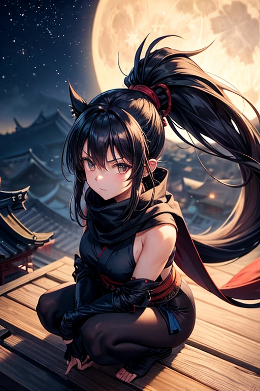 thin girl, wide hips, ninja clothing, long scarf, spiky dark hair, ponytail, on a roof, japanese medieval, night, full moon, windy, leaves on air, from above, squatting, backlighting