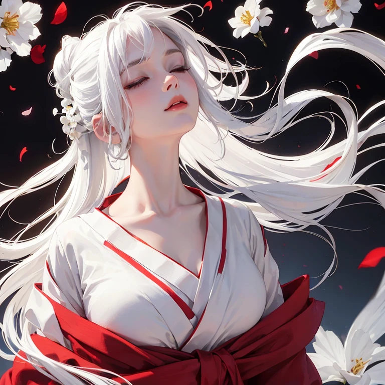 ((alone)), ((Close-up profile)) Girl with eyes closed, ((Tilt your head)), white hair that is tied up, (A faint smile), Flowing Hair, Burning flowers in the hair, Falling petals, (red, black, white, kimono), Flowing cloth