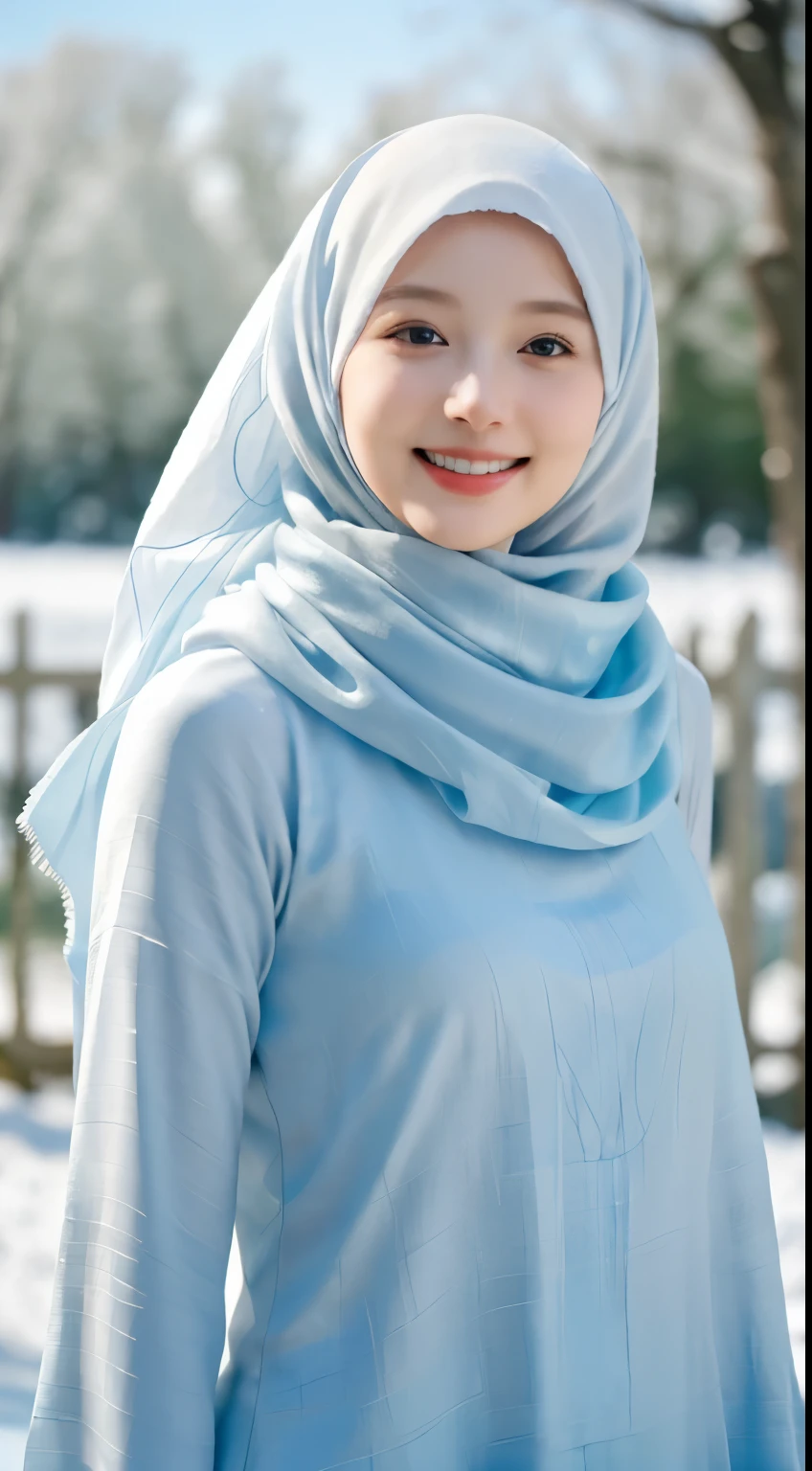 (RAW photo, best quality), (realistic, photo-realistic:1.3), 1 girl, solo girl, full body photo, extremely delicate and beautiful, Amazing, finely detail, masterpiece, ultra-detailed, highres,(best illustration), (best shadow),intricate,depth of filed, On a summer afternoon, a lovely red female muslim dress with tunic,white pashmina hijabs, hijab, In the blue hues of winter, creating a soothing sound, shine eyes, immersing smile in harmony with nature, No hair seen,(blurry background:1.4), sharp focus, volumetric fog, 8k UHD, high quality, (film grain:1.4), apertur f/1.4,