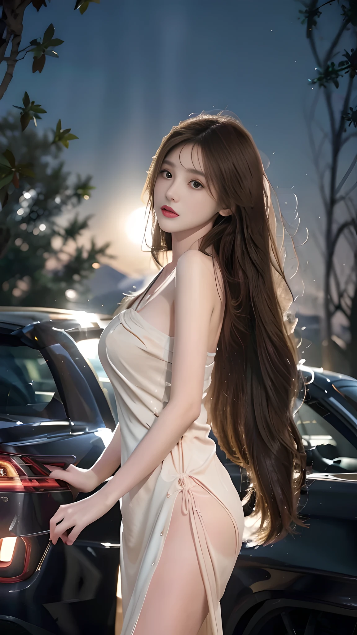 full hd 8k, Girl standing in front of a dark night scene, full moonlight reflecting on her beautiful face. Her long, silky hair was gently blown by the night wind, creating a gentle and romantic feeling. Next to her is a luxury car, showing her success and class. She looked up at the starry sky, as if searching for something, her eyes showed contemplation and loneliness. The full moon shines in the night sky creating a beautiful scene. The girl has long, silky hair, creating a luxurious and noble beauty. The moonlight shines on the girl's delicate face, highlighting her large, round light brown eyes, creating a natural, gentle beauty. She wore a dress, showing off her seductive and luxurious beauty. Her plumble breasts were exposed, revealing her plumble and extremely sexy breasts. These images capture detailed panoramic portraits and views of the sky and cars. All create a beautiful, wonderful picture that makes people unable to take their eyes off the scene. All these details are described clearly and sharply, sexyly poses