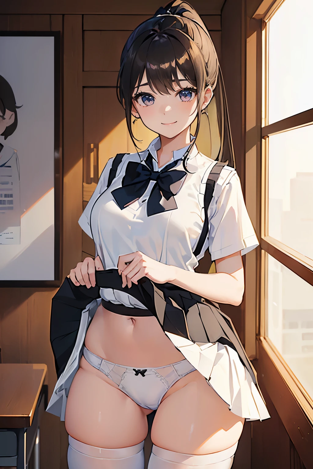 masterpiece、highest quality、1 girl、high school girl、18-year-old、Perfect Face、Shiny skin、Random Uniform、(ponytail)、Big eyes、tall)、Beautiful Hair、Beautiful Eyes、Perfect proportions、Beautiful thighs、Beautiful legs、Beautiful fingers、((High-quality fabric、brown knit vest、Short sleeve white collar shirt、Navy Pleated Skirt、A bow tie))、After school in the classroom、(smile)、(((((Skirt Lift、White panties and black stockings are visible)))))