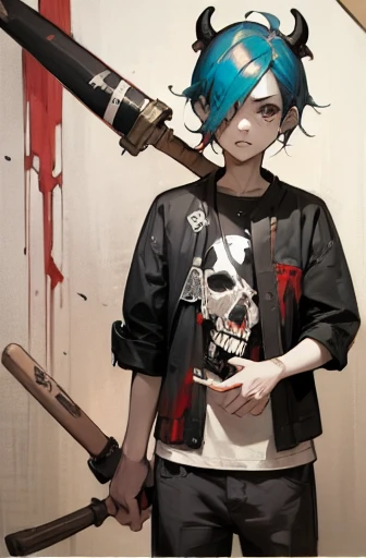 ((18-year-old punk girl,Unusual punk hair:1.3)),((Red and black punk fashion:1.5)),(Stuffed cow:1.5)Studded clothing、((He is holding a bloody baseball bat in his right hand..:1.5))、((Black backpack on the back))、（Light black and blue hair:1.5）,Wacky makeup、whole body, (masterpiece), (High resolution), (Very delicate), scribble, nightmare, doll-like face, Manga style, rough sketch, Horror elements, Manga styleイラスト, Japanese painting, phantom, (Spooky), Japan sculpture, crazy illustration, antique, Dark atmosphere, Flat Illustration,Spookyな外観, Distinctive messy hairstyle, creative accessories, Unique atmosphere
