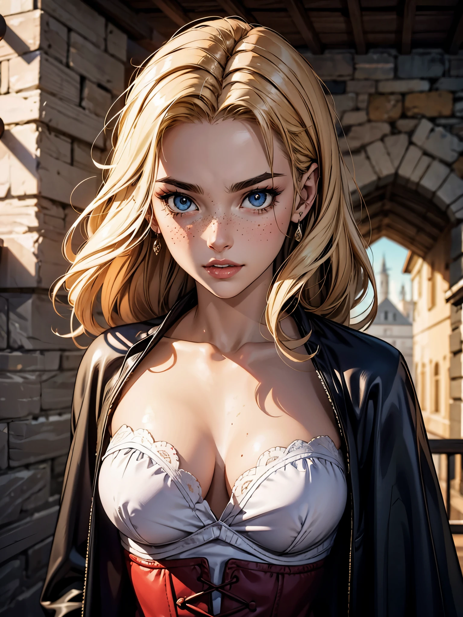 jolie femme, European, Cheveux roux clairs avec des mèches de cheveux blondes, light freckles, dentelle, fourrure, bustier en cuir, Fantasy medieval cadre
