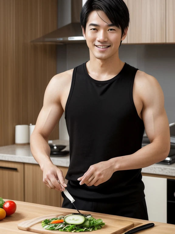 (( Look in the direction of the photographer with a smile on your face. maintain eye contact))((True-to-life imagery. a 28 year old .Wearing a white crew neck sleeveless shirt.Japanese man in black shorts)), ((  neat short hair.clean shaven handsome face)), and((pale skin color andfine skin complexion))), , ((neat short black hair)), ((Half-length photo)), ((Ultra-high resolution))(( ))(( maintain eye contact ))  A Japanese man prepares vegetable salad in the kitchen, (( The details of the fingers are very clear)), young japanese man , Official product images,Medium shot of a handsome guy, Height 182 cm.