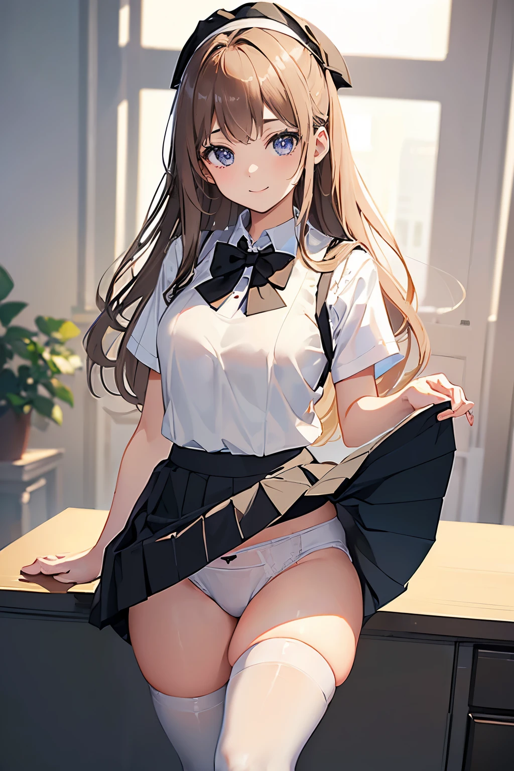 masterpiece、highest quality、1 girl、high school girl、18-year-old、Perfect Face、Shiny skin、Random Uniform、(Random Hairstyles)、Big eyes、tall)、Beautiful Hair、Beautiful Eyes、Perfect proportions、Beautiful thighs、Beautiful legs、Beautiful fingers、((High-quality fabric、brown knit vest、Short sleeve white collar shirt、Navy Pleated Skirt、A bow tie))、After school in the classroom、(smile)、(((((Skirt Lift、White panties and black stockings are visible)))))