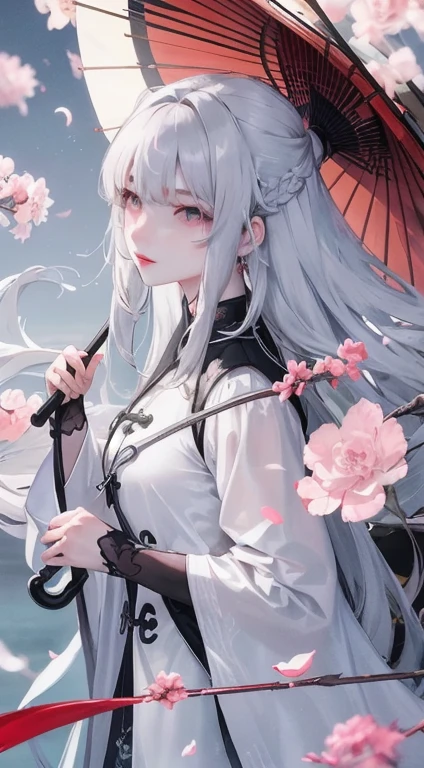 8K masterpiece best night full moon 1 female Chinese style Chinese architecture mature female elder sister silver white long hair woman long hair pale pink lips calm and rational bangs gray pupil assassin umbrella, umbrella, turn around, turn around, turn around, Petals fluttering, Delicate face,