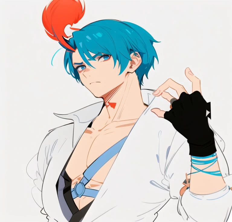 anime - style drawing of a boys with blue hair and a red mohawk, 2 d anime style, 2 d anime, trigger anime artstyle, with index finger, 2d art, 2 d art, male anime character, anime style character, with blue skin, handsome japanese demon boy, with blue hair, v from devil may cry as an elf, anime character