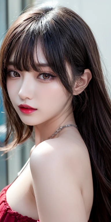 Canon RF 85mmf/1.2,masutepiece,Best Quality,超A high resolution,tu,1 girl,(Korean mixed,Kpop Idol:1.2),Solo,white_shiny_skin,Black eyes,Necklace,brown_long_Wavy_hair,Red lipstick bright_shiny_Lips,Eyelashes,Bangs,deal,make - up,shiny,Pore,skin texture,Bracelet,off shoulders,See-through,Big breasts