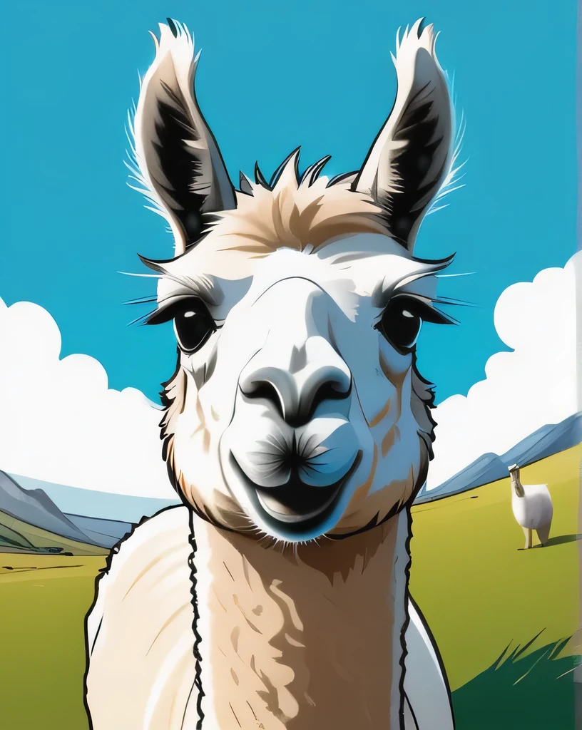 comic (Sophisticated Vector image:1.3) of (Sketch:1.3) llama a llama is looking at the camera with a fish eye lens, alpaca, portrait of a llama, lama with topknot wild fluffy llama portrait, lama, llama head, llama with dreadlocks, llama portrait, wide angle lens photography, llama, wide lens photography, animal photography, super wide lens, cute single animal, super wide angle lens, no humans, realistic, animal, grass card,(Flat style:1.3),Illustration,Behance,close portrait,(manga:1.3),beautiful,attractive,handsome,trending on ArtStation,DeviantArt contest winner,CGSociety,ultrafine,detailed,studio lighting . graphic illustration, comic art, graphic novel art, vibrant, highly detailed