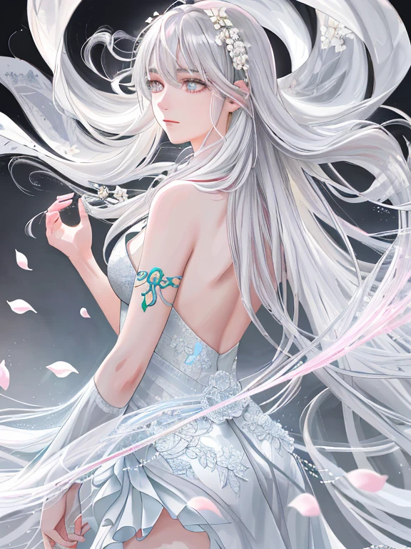 masterpiece, best quality, Extremely detailed, , Beautiful and delicate face, Beautiful and delicate eyes, girl, Big boobs, Long silver hair, Black bare shoulder,, Lake Night, (Face focus:1.3, Eye close-up:1.3), (From the back:1.3)