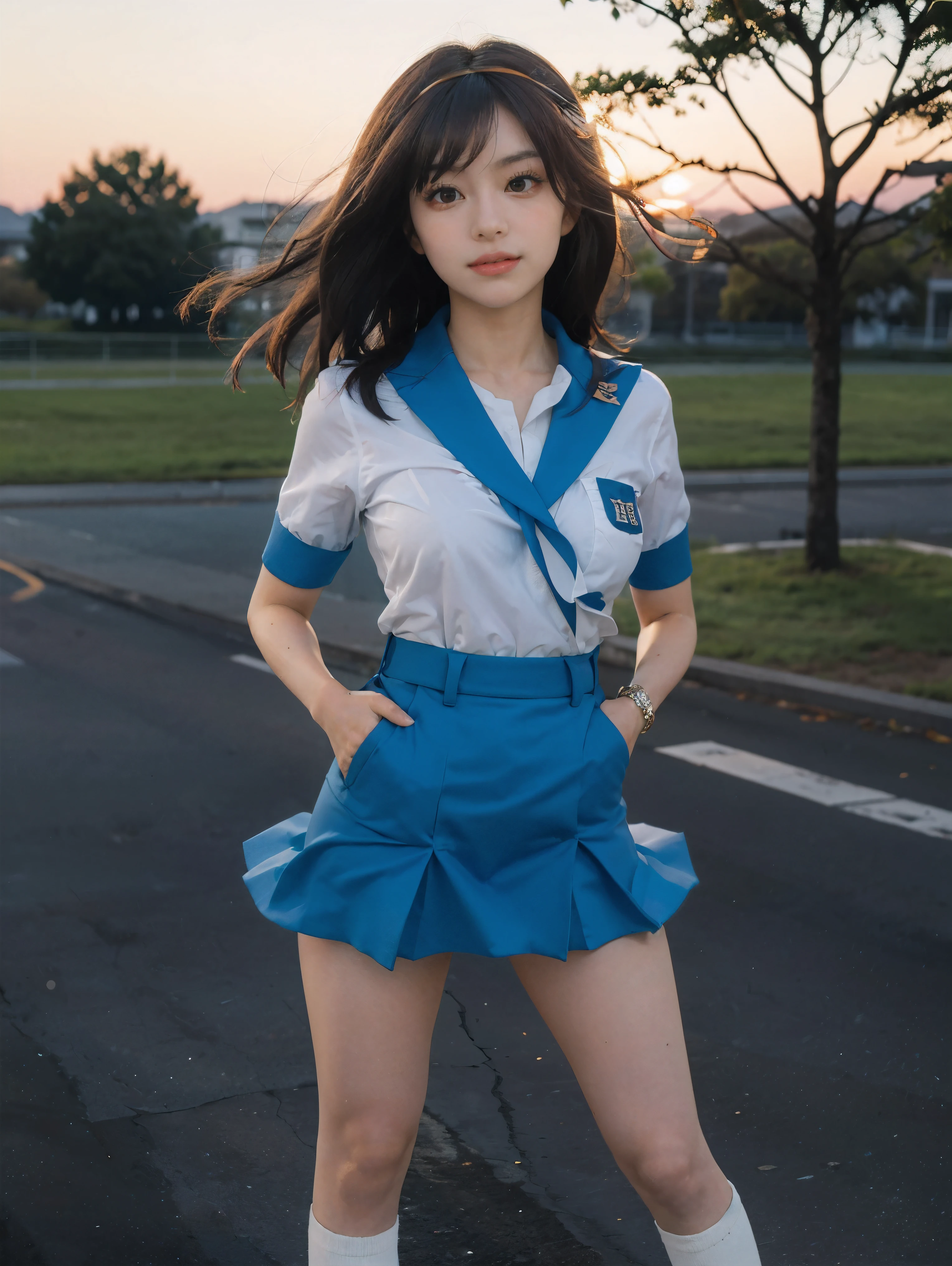 (1 lady), (Best quality at best:1.4), (ultra - detailed), (extremely detailed CG unified 16k), A Beautiful Woman with Perfect Figure: 1.4, Sharp Focus: 1.2, very detailed, High-definition RAW color photo, professional photoshooting, amazing face and eyes, cosmetics, (amazingly beautiful girl), ((suzumiya haruhi)), ((kita high sch0ol uniform, blue sailor collar, blue skirt, armband, hairband, medium hair, ribbon, socks)), standing posture, (look from down), realistic cinematic face, head to feet long wide zoomed out view, full body long view, photorealistic, ((realistic natural caramel brown hair style, brown eyes)), gorgeous, extremely beautiful face, perfect model beauty, pout mouth, Highly Detailed Face and Skin Texture, Detailed Eyes, Double Eyelids, Medium Breasts, joy expression, joyful face, cleavages, western, (masterpiece), best quality, high resolution, extremely detailed, depth of field, cinematic lighting, amazing legs, high heels, clear and well-cared skin, (background: nature, tree, park)