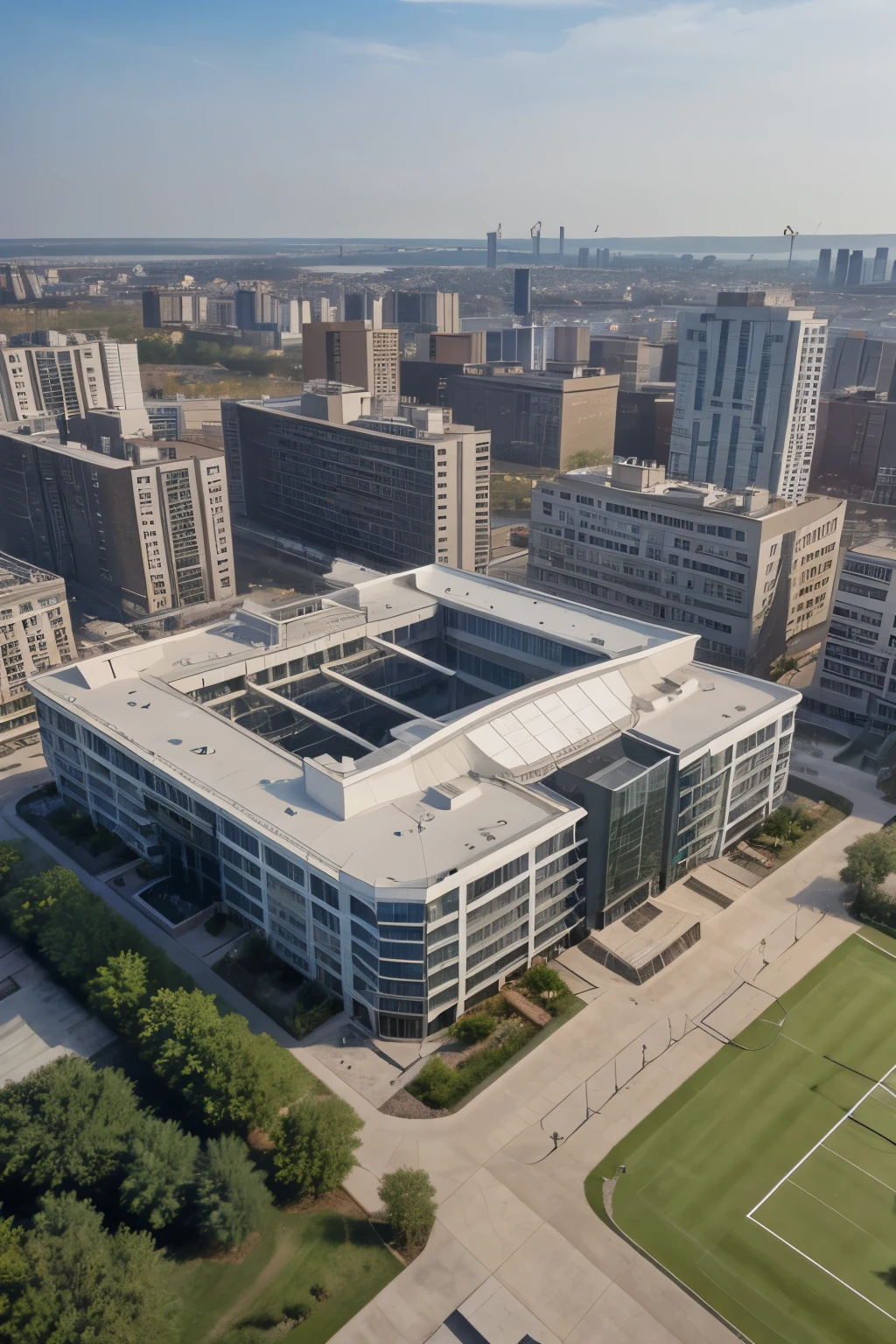 Commercial complex, Steel frame structure and glass curtain wall complement each other, Rooftop football field and tennis court, Vibrant, Bird&#39;s eye view, Master Building, Rectangular building, Bird&#39;s eye view, Modern buildings in the city, Zaha Hadid, sunny, Sony FE GM, UHD, masterpiece, high quality, highres, best quality, high details, super detail, award winning