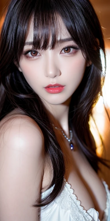 Canon RF 85mmf/1.2,masutepiece,Best Quality,超A high resolution,tu,1 girl,(Korean mixed,Kpop Idol:1.2),Solo,white_shiny_skin,Black eyes,Necklace,brown_long_Wavy_hair,Red lipstick bright_shiny_Lips,Eyelashes,Bangs,deal,make - up,shiny,Pore,skin texture,Bracelet,off shoulders,See-through,Big breasts