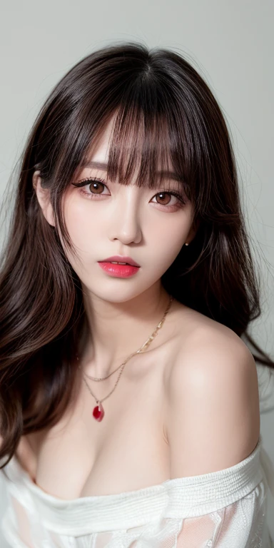 Canon RF 85mmf/1.2,masutepiece,Best Quality,超A high resolution,tu,1 girl,(Korean mixed,Kpop Idol:1.2),Solo,white_shiny_skin,Black eyes,Necklace,brown_long_Wavy_hair,Red lipstick bright_shiny_Lips,Eyelashes,Bangs,deal,make - up,shiny,Pore,skin texture,Bracelet,off shoulders,See-through,Big breasts