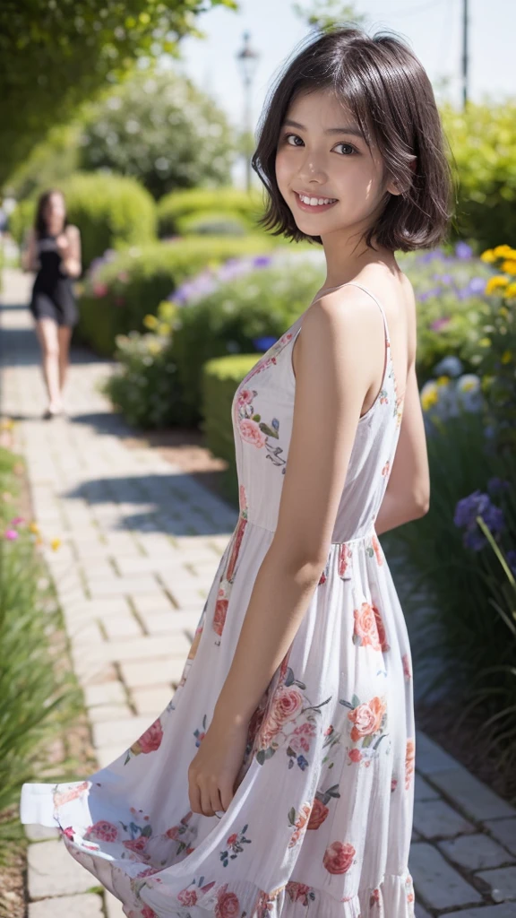 masterpiece, highest quality, disorganized, perfect anatomy, 1 girl, alone, pascal tales, short hair, beautiful, Hilarious, sunny day, botanical garden, Summer winds, sundress, Floral, wavy hair, smile