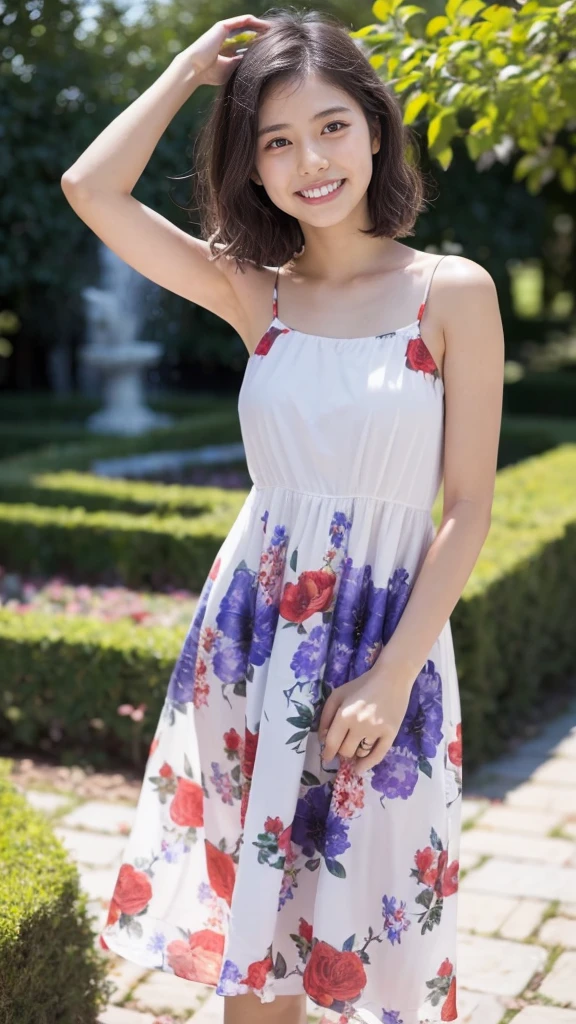 masterpiece, highest quality, disorganized, perfect anatomy, 1 girl, alone, pascal tales, short hair, beautiful, Hilarious, sunny day, botanical garden, Summer winds, sundress, Floral, wavy hair, smile