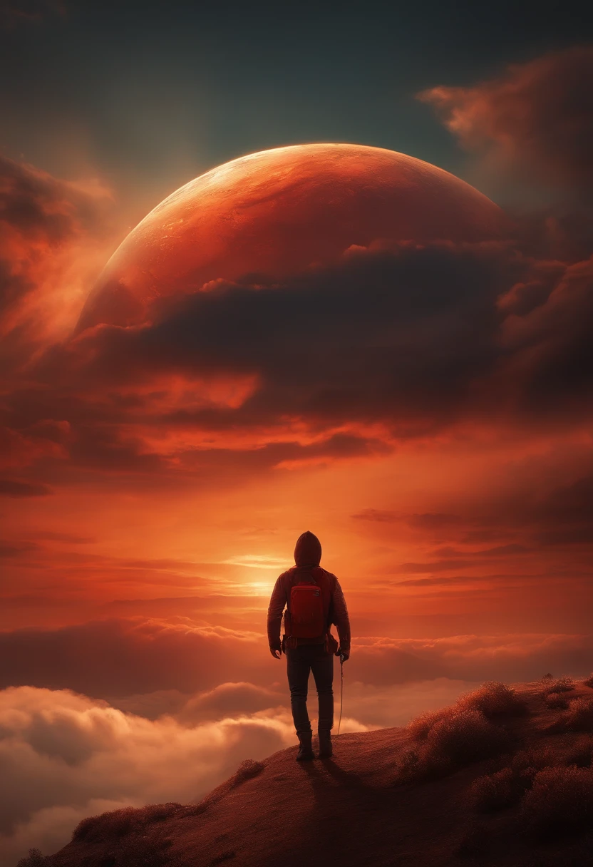 un objeto volador no identificado (ovni) camuflado entre las nubes de un atardecer rojo y naranja, dreamscape art, Fantastic evening, fondo animado, ilustraciones de fondo, Fantasyart, atmospheric anime, cielo estrellado, Mejora de detalles.