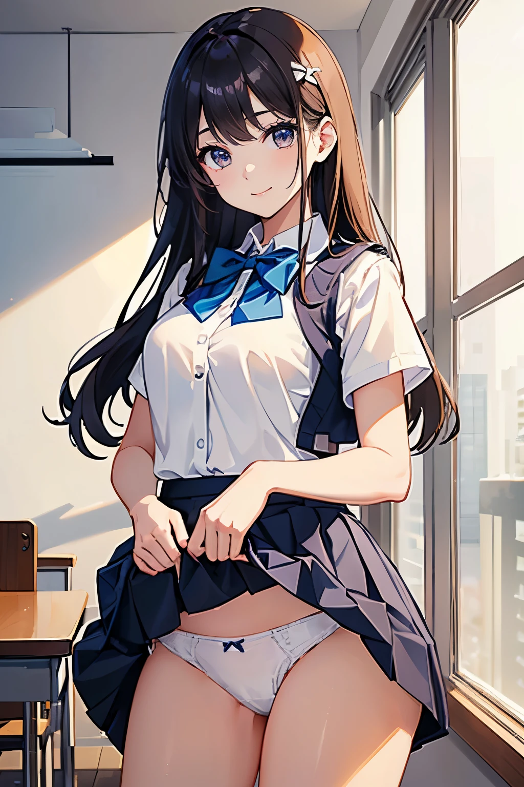 masterpiece、highest quality、1 girl、high school girl、18-year-old、Perfect Face、Shiny skin、Random Uniform、(Random Hairstyles)、Big eyes、tall)、Beautiful Hair、Beautiful Eyes、Perfect proportions、Beautiful thighs、Beautiful legs、Beautiful fingers、((High-quality fabric、brown knit vest、Short sleeve white collar shirt、Navy Pleated Skirt、A bow tie))、After school in the classroom、(smile)、(((((Skirt Lift、White panties are visible)))))