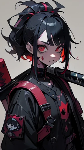 ((18-year-old punk girl,Unusual punk hair:1.3)),((Red and black punk fashion:1.5)),(Stuffed cow:1.5)Studded clothing、((He is holding a bloody baseball bat in his right hand..:1.5))、((Black backpack on the back))、(Light black and blue hair:1.5),Wacky makeup、whole body, (masterpiece), (High resolution), (Very delicate), scribble, nightmare, doll-like face, Manga style, rough sketch, Horror elements, Manga styleイラスト, Japanese painting, phantom, (Spooky), Japan sculpture, crazy illustration, antique, Dark atmosphere, Flat Illustration,Spookyな外観, Distinctive messy hairstyle, creative accessories, Unique atmosphere