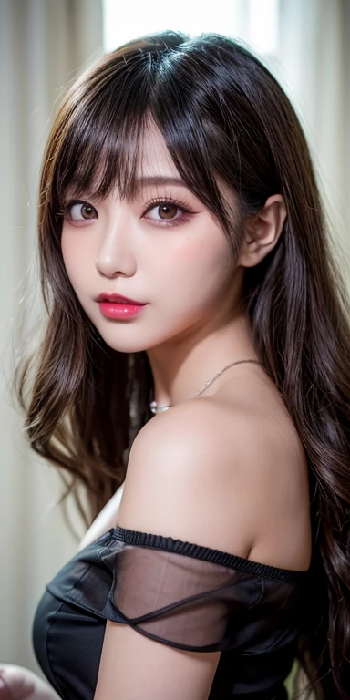 Canon RF 85mmf/1.2,masutepiece,Best Quality,超A high resolution,tu,1 girl,(Korean mixed,Kpop Idol:1.2),Solo,white_shiny_skin,Black eyes,Necklace,brown_long_Wavy_hair,Red lipstick bright_shiny_Lips,Eyelashes,Bangs,deal,make - up,shiny,Pore,skin texture,Bracelet,off shoulders,See-through,Big breasts